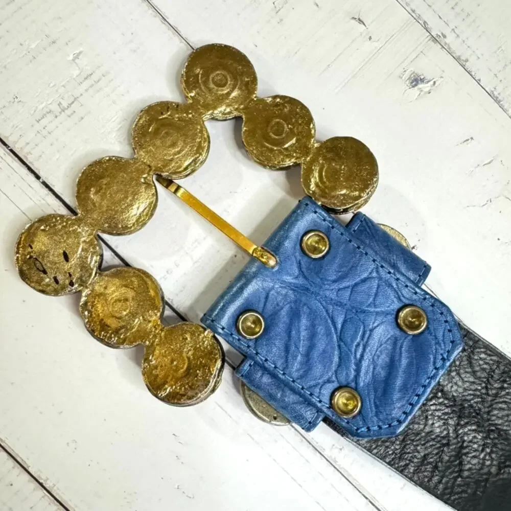 Vtg Nina Arjani Leatherock Belt Sz S Blue Leather Rhinestones San Diego 1980s